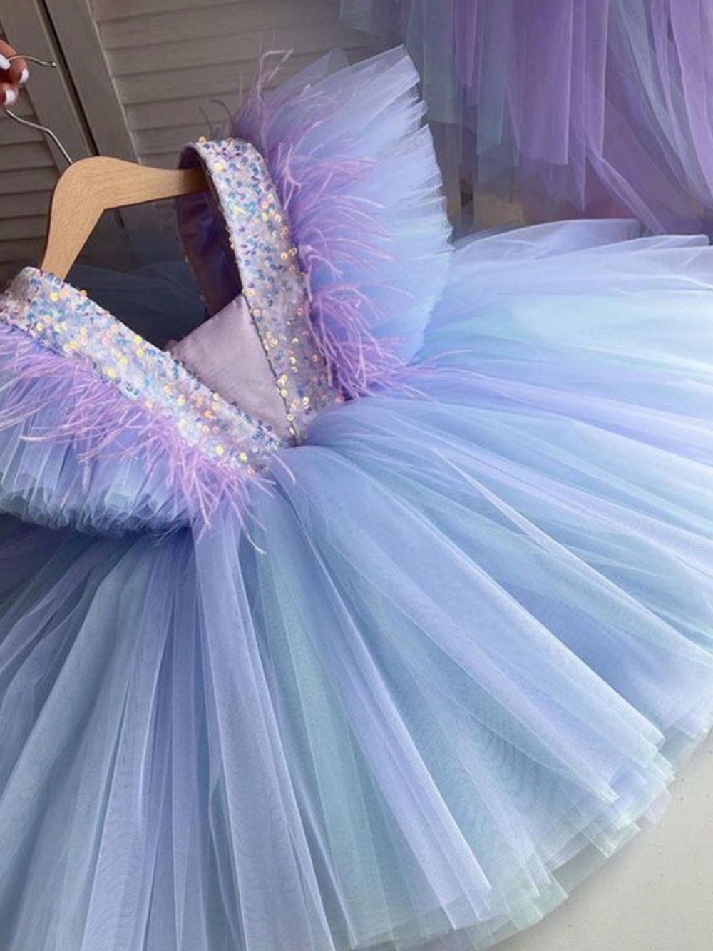 Mermaid Blue Flutter Sleeves Tulle Flower Girl Dresses 2T (90)